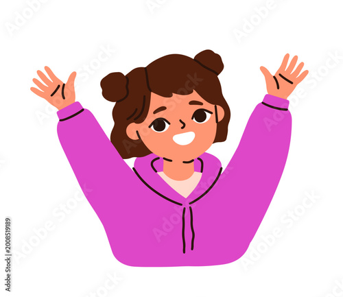 Happy, excited girl with arms raised up. Cute cheerful child character celebr...