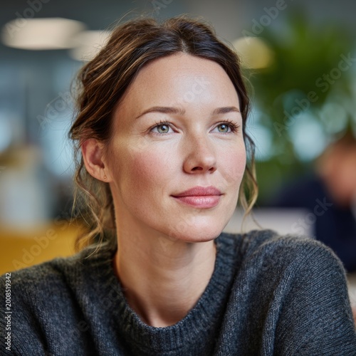 Pleased Woman Portrait with Brown Hair and Cosmetics
