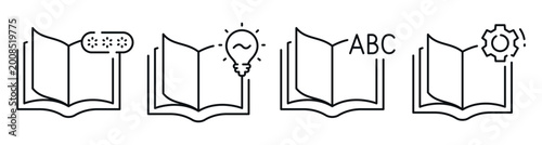 Open book illustrating learning concepts in interface panel. Editable stroke