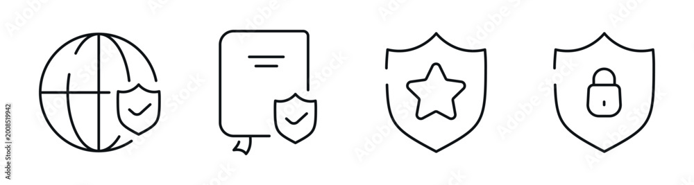 Obraz premium Globe badge and shield icons representing security and privacy. Editable stroke