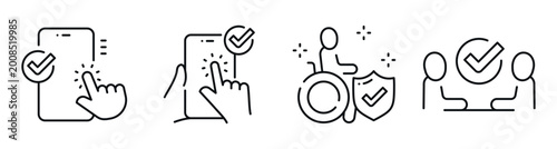 Hand tapping confirmation icons with accessibility and meeting symbols in row. Editable stroke