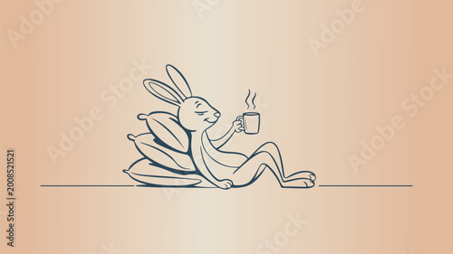 Cute Rabbit Drinking Coffee Cartoon Illustration – Relaxing Bunny Character Design