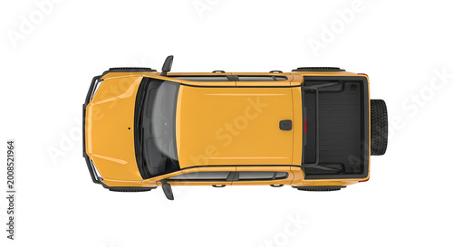 Top View of a Modern Yellow Pickup Truck Isolated on White Background, 3D Illustration