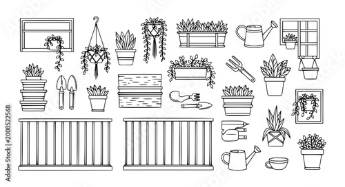 Bild auf Leinwand Black and White Balcony Gardening Vector Set Featuring Hanging Plants, Flower Po