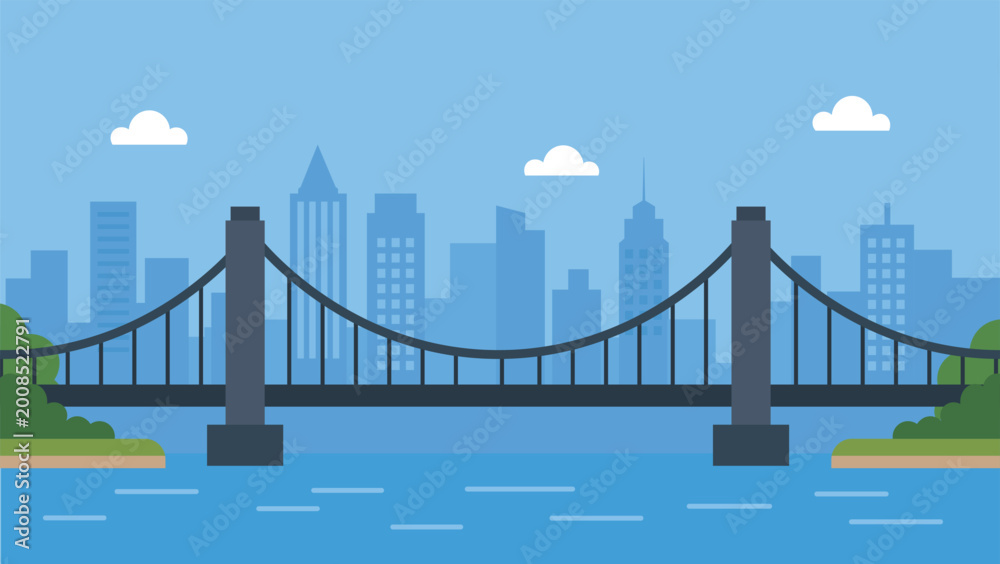 Fototapeta premium Modern suspension bridge over river with city skyline background in flat vector style.