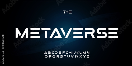 Принти на полотні Meta Verse Futuristic Font Logo Alphabet Bold Geometric Letter Set Modern Typography, Abstract Sci-Fi Typographic Design for Title Text, Future Headline, Innovation Tech Logotype