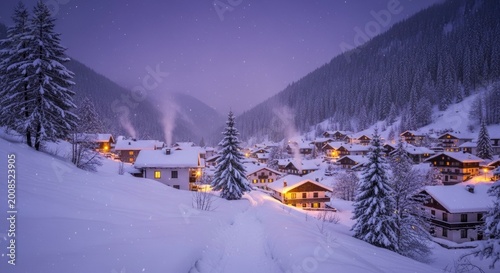 Snowy village in the mountains.