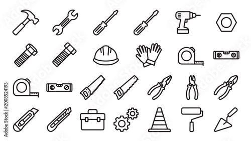 Foto Tools and hardware outline icon set with wrenches, screwdriver, gloves, drill, s