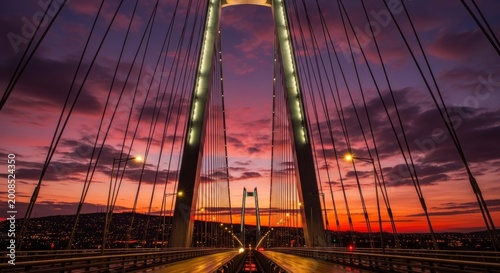 suspension bridge at sunset.