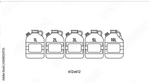 Foto Fuel canister icon set with 1L, 2L, 3L, 5L and 10L labels, outline silhouette an