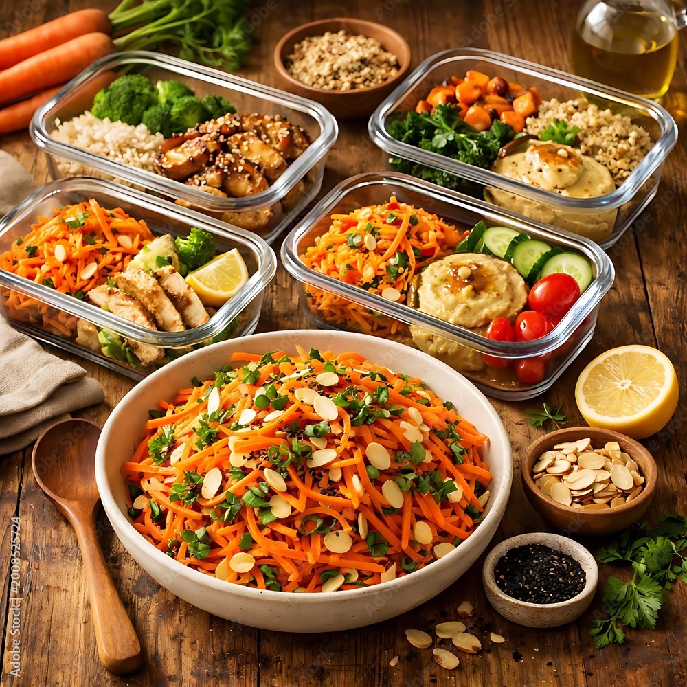 Fototapeta premium Rustic Carrot Meal Prep – Organic Healthy Lifestyle Food Concept