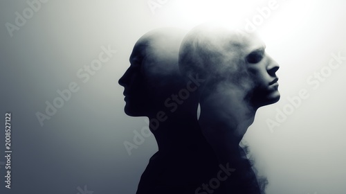 Silhouettes of two heads facing opposite directions, one solid and the other fading into smoke, duality and inner conflict, ai co-creator abstract background