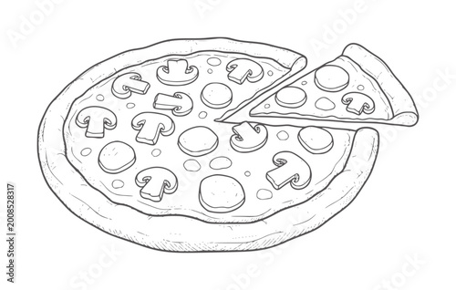Foto Hand drawn black and white of a mushroom pizza with one slice removed food