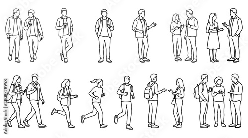Cuadro en lienzo People line art silhouettes walking and standing in various poses | Architectura
