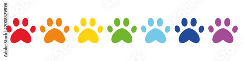 Rainbow paw print icons set colorful animal footprint symbols collection cute pet tracks in bright palette playful multicolor shapes for design pet care branding veterinary themes