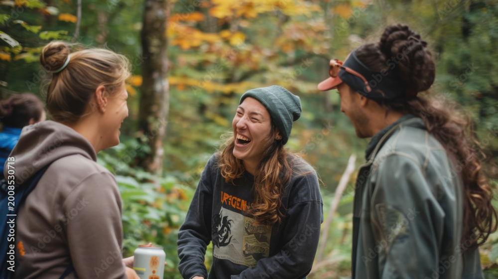 Fototapeta premium Employees laughing together during a team-building retreat in nature. --ar 16:9 --v 6 Job ID: bffb56aa-63d3-46a8-ad1c-4b3d9b6c8605