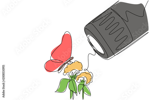 Single line drawing of a camera lens shot capturing a butterfly on a flower in garden. This photograph concept is perfectly ideal for Nature Photography Day blog articles and banner design.