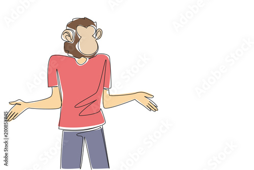 Funny single line drawing of a young man with an animal monkey head mask shrugging his shoulders. This funny comedy concept makes an excellent choice for Monkey Around Day event invitations.