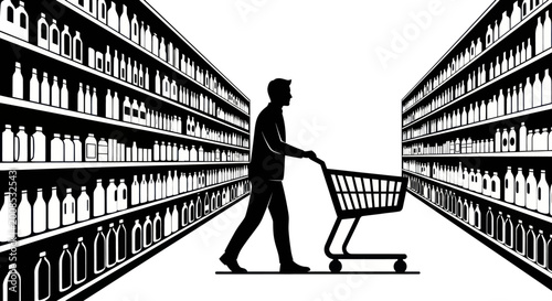 Man pushing a shopping cart down a grocery store aisle.