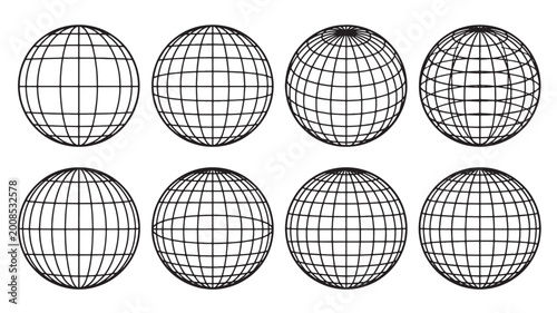 Fotografía Globes silhouette set with black and white grid lines for world map style infogr