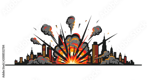 Tableau sur toile Massive explosion devastates a city skyline with smoke and debris
