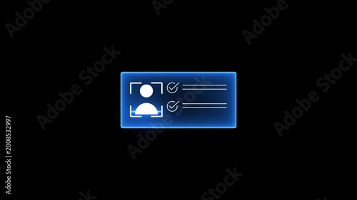 Futuristic Blue HUD Identity Verification Interface, Digital ID Card with Person Silhouette and Check mark Approval Symbols, Cybersecurity Authentication Concept on Black Background.