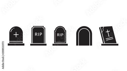Billede på lærred Gravestone silhouette icons set with RIP lettering, cross markers, and memorial
