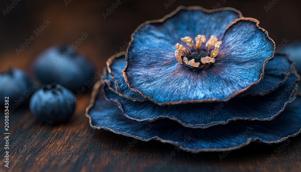 Fototapeta premium Dehydrated Dried Blueberry Slices with Unique Texture, Healthy Snack Concept on Wooden Background