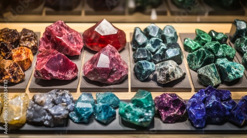 Collection of Raw and Polished Gemstones and Crystals Including Ruby Emerald and Amethyst on Display in a Jewelry Store