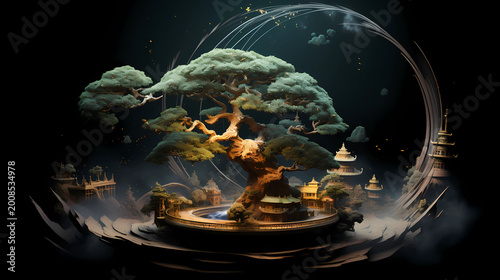Bonsai Tree Art with Floating Pagodas and Zen Garden Elements in Surreal Deep Space Background