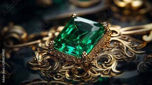 Exquisite Emerald Cut Gemstone in Ornate Gold Filigree Setting Luxury Jewelry Close-up Abstract