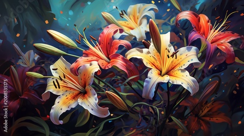 Vibrant Galactic Lily Flowers Illustration with Bright Orange and Yellow Petals on a Cosmic Abstract Background