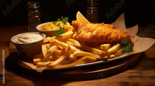 Crispy Golden Fish and Chips Served with French Fries Tartar Sauce Curry Dip and Lemon on Rustic Wooden Table