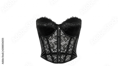 Black strapless corset with intricate floral lace overlay, structured boning, and front hook-and-eye closure on a black background