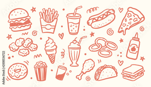 Canvas Print Detailed hand drawn junk food doodle set with onion rings ketchup burger and piz