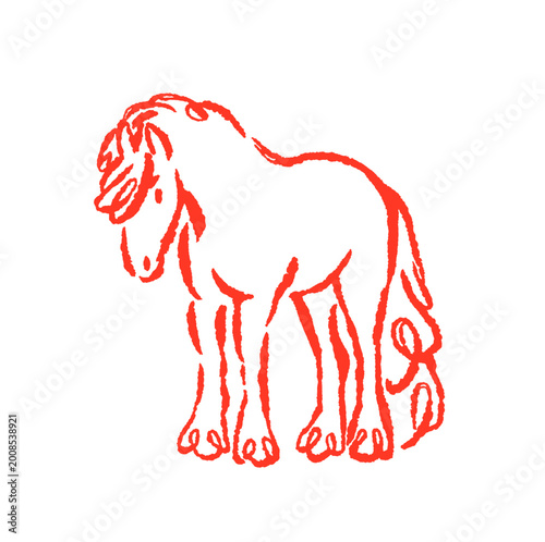 Horse standing, doodle drawing in sketch scribble style. Outline contour equi...
