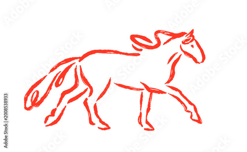 Horse sketch, side view. Hand-drawn contour stallion in action, motion. Brush...
