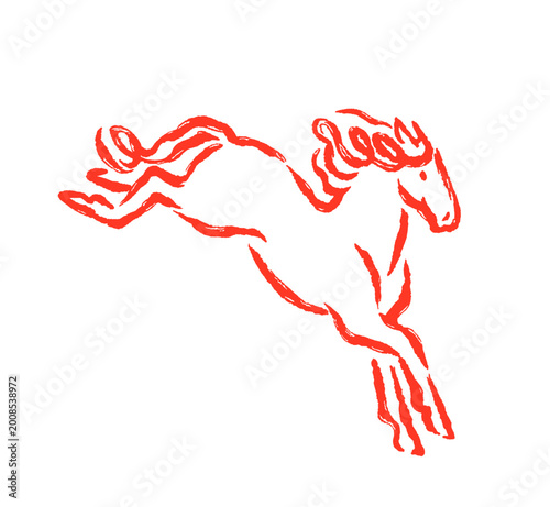 Horse jumping, brush line drawing in doodle sketch style. Hand-drawn contour ...