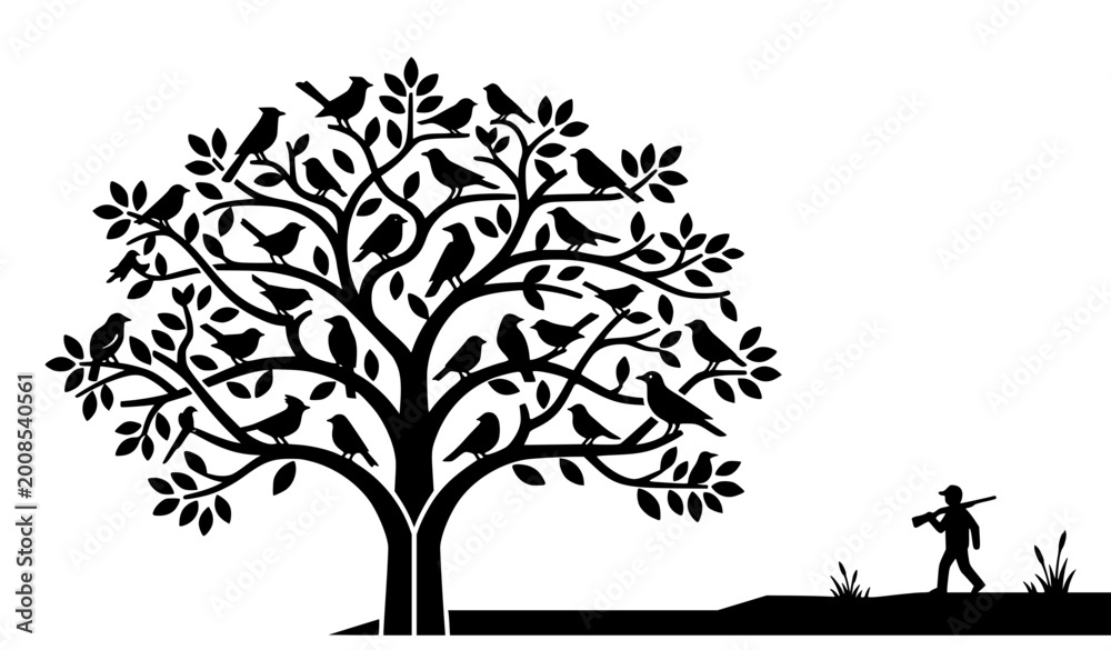 Obraz premium Birds on Tree with Hunter Scene Black and White Wildlife Silhouette Vector Illustration