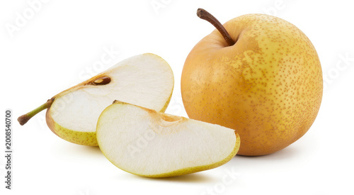 Whole yellow asian pear and two slices isolated on a white background, for healthy snacking