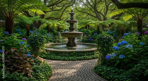 Serene Garden Fountain with Lush Hydrangeas, Cobblestone Path, and Tranquil Green Oasis.