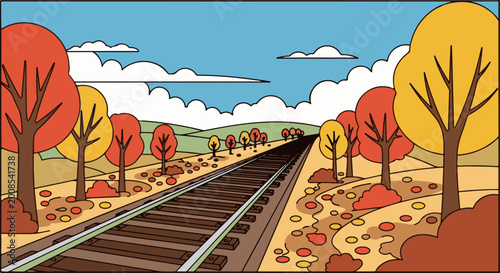 Autumnal trees line railroad tracks under a cloudy sky