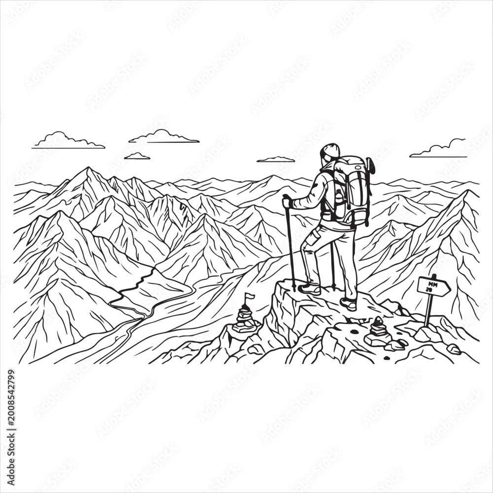 Obraz premium Hiker standing on mountain peak with trekking poles and backpack looking at landscape