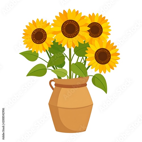 Sunflowers in a clay vase illustration.