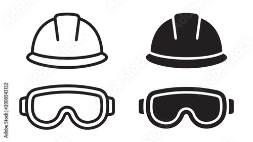 Foto Hard hats and goggles icon set with black and white silhouettes featuring safety