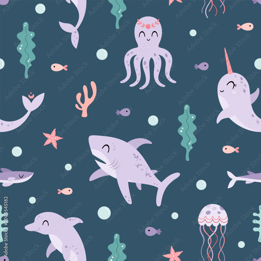 Fototapeta premium Cartoon ocean animals seamless pattern. Cute sea background. Nautical repeat design. Kids vector illustration.