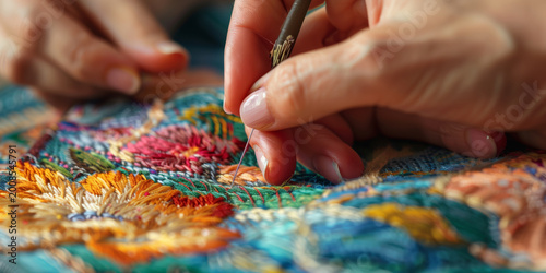 Close up of hands embroidering a colorful floral design in a hoop, highlighting detailed needlework, vibrant thread textures, and handmade craft in progress