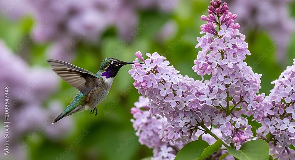 Fototapeta premium Hummingbird feeding on purple flowers