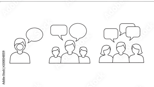 People outline communication set with speech bubbles, group icons for teamwork, social media, customer support and discussion