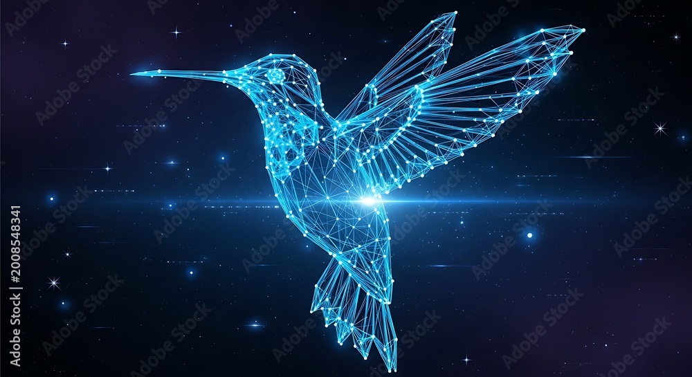 Fototapeta premium Hummingbird with glowing wireframe wings in space